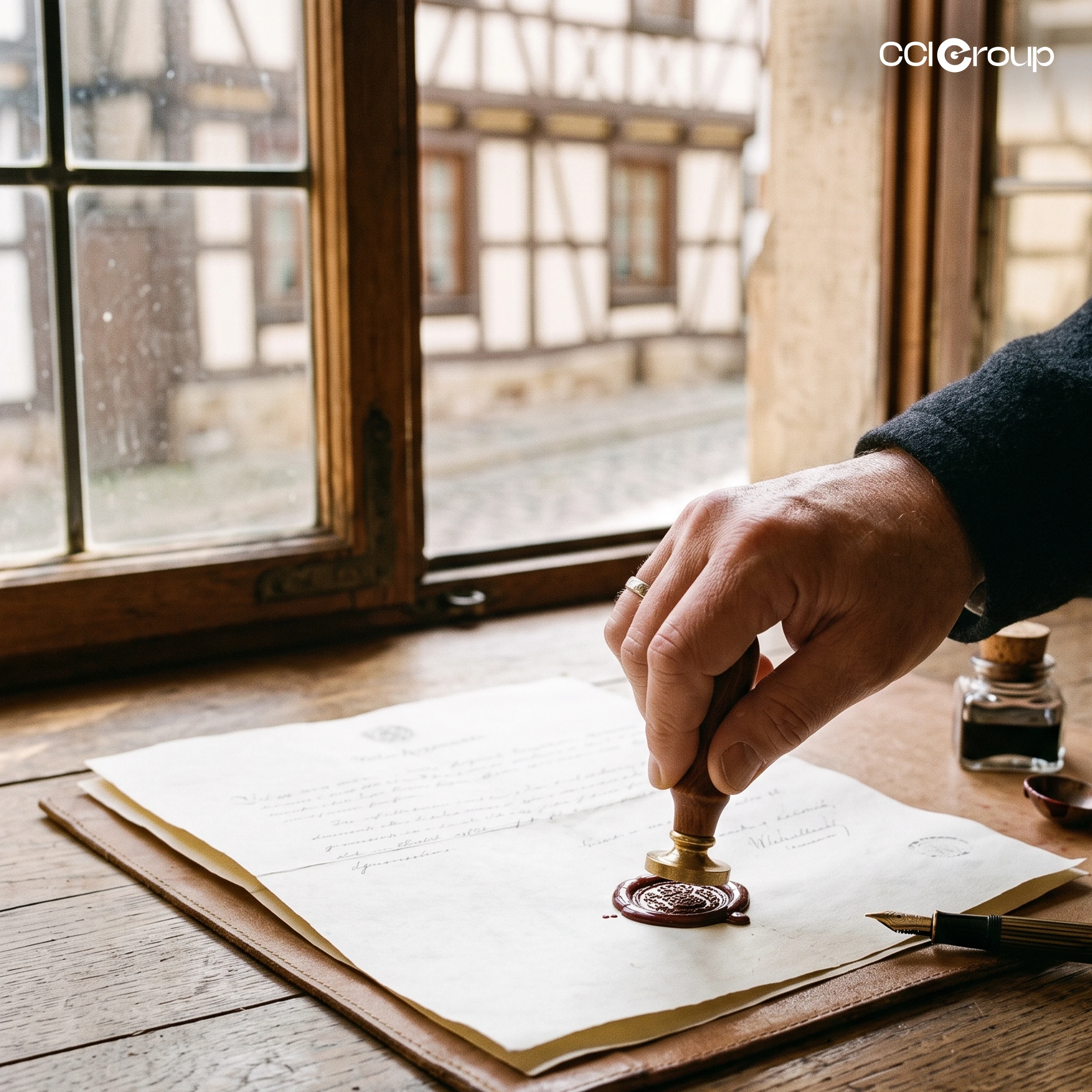 Hand applying red wax seal to official document for Germany notarization services by CCI Group