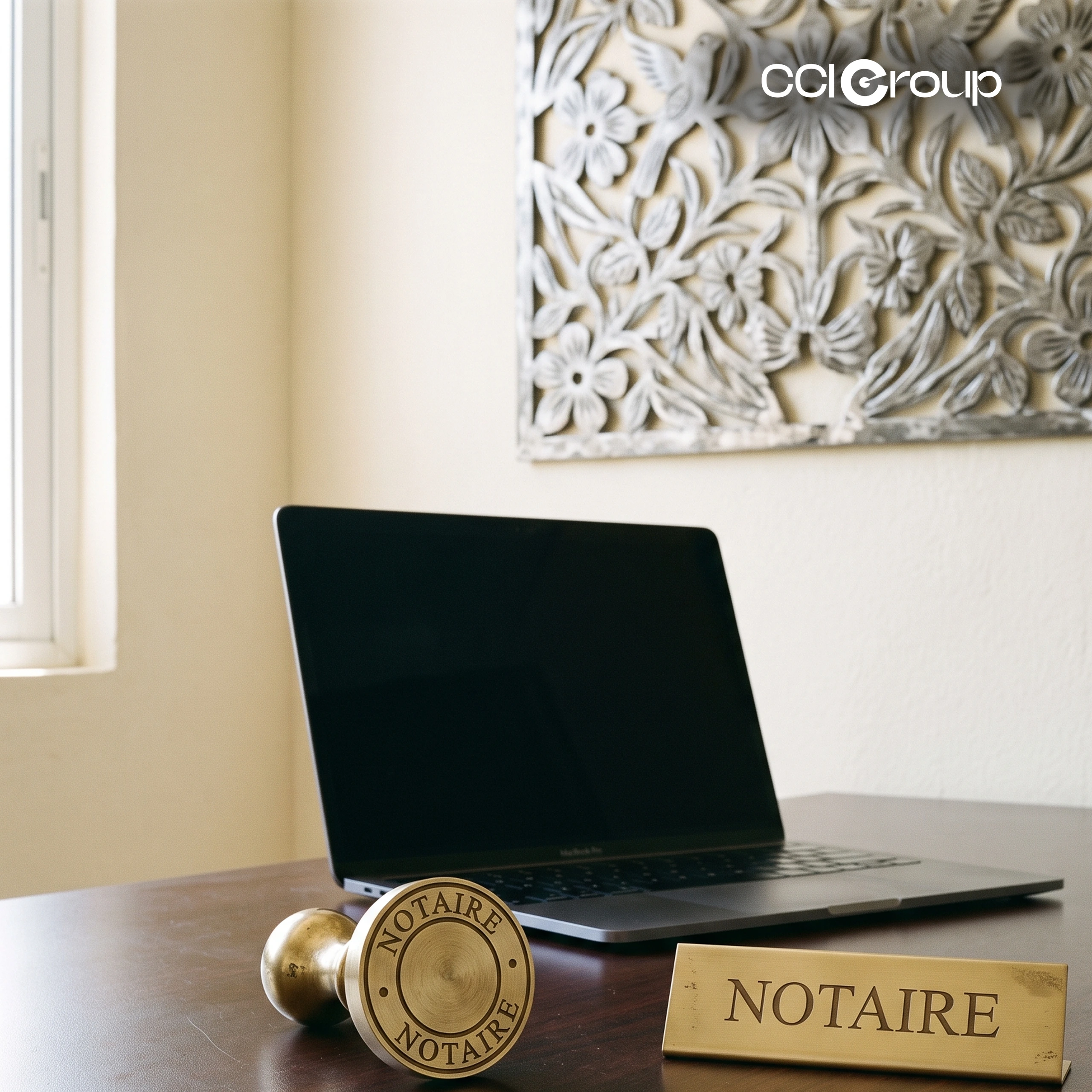 Brass notaire seal and nameplate on desk with laptop for Haitian Creole document notarization by CCI Group.