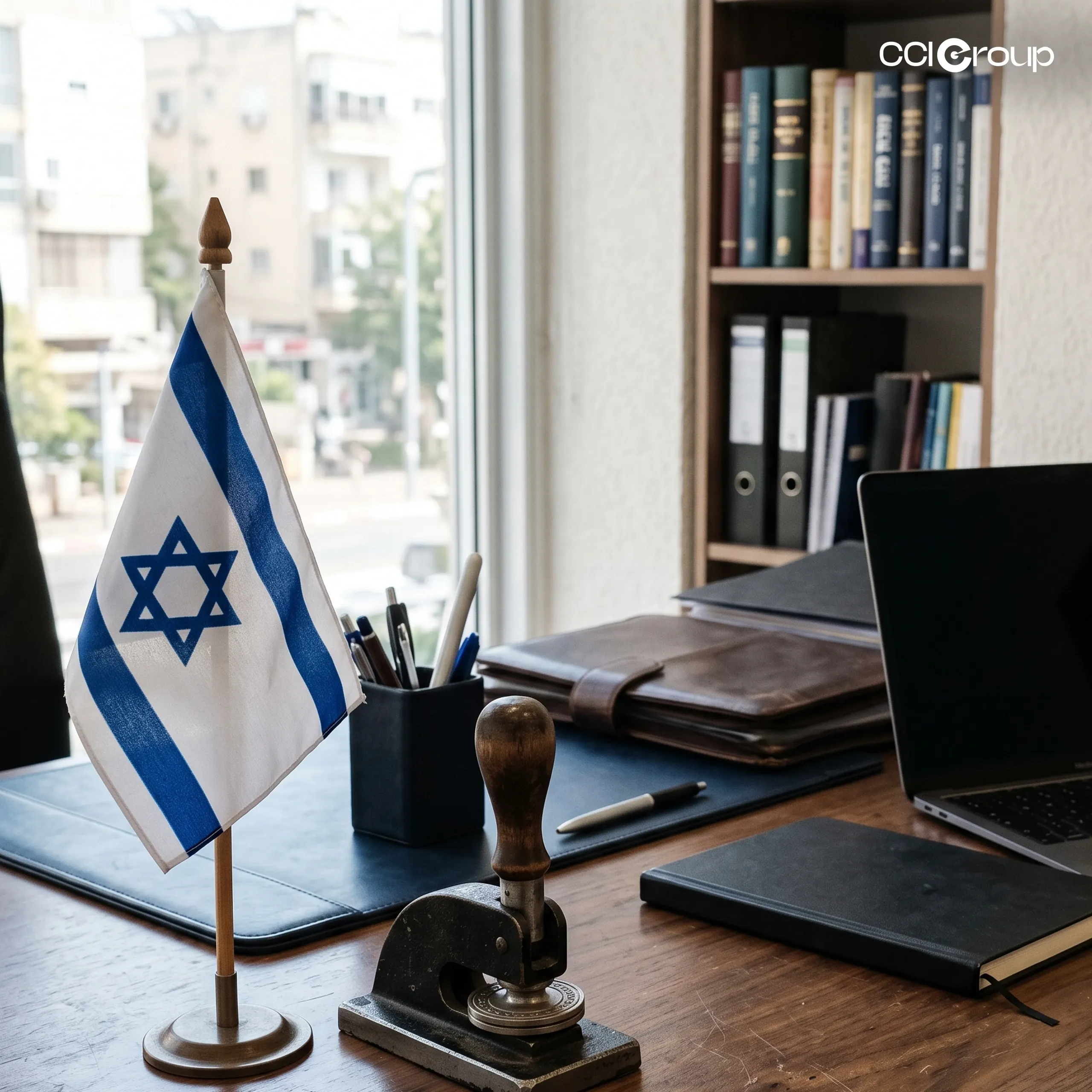 Israeli desk flag beside a vintage embosser stamp, leather portfolio and law books on a lawyer's desk, representing Hebrew notarization services from CCI Group.