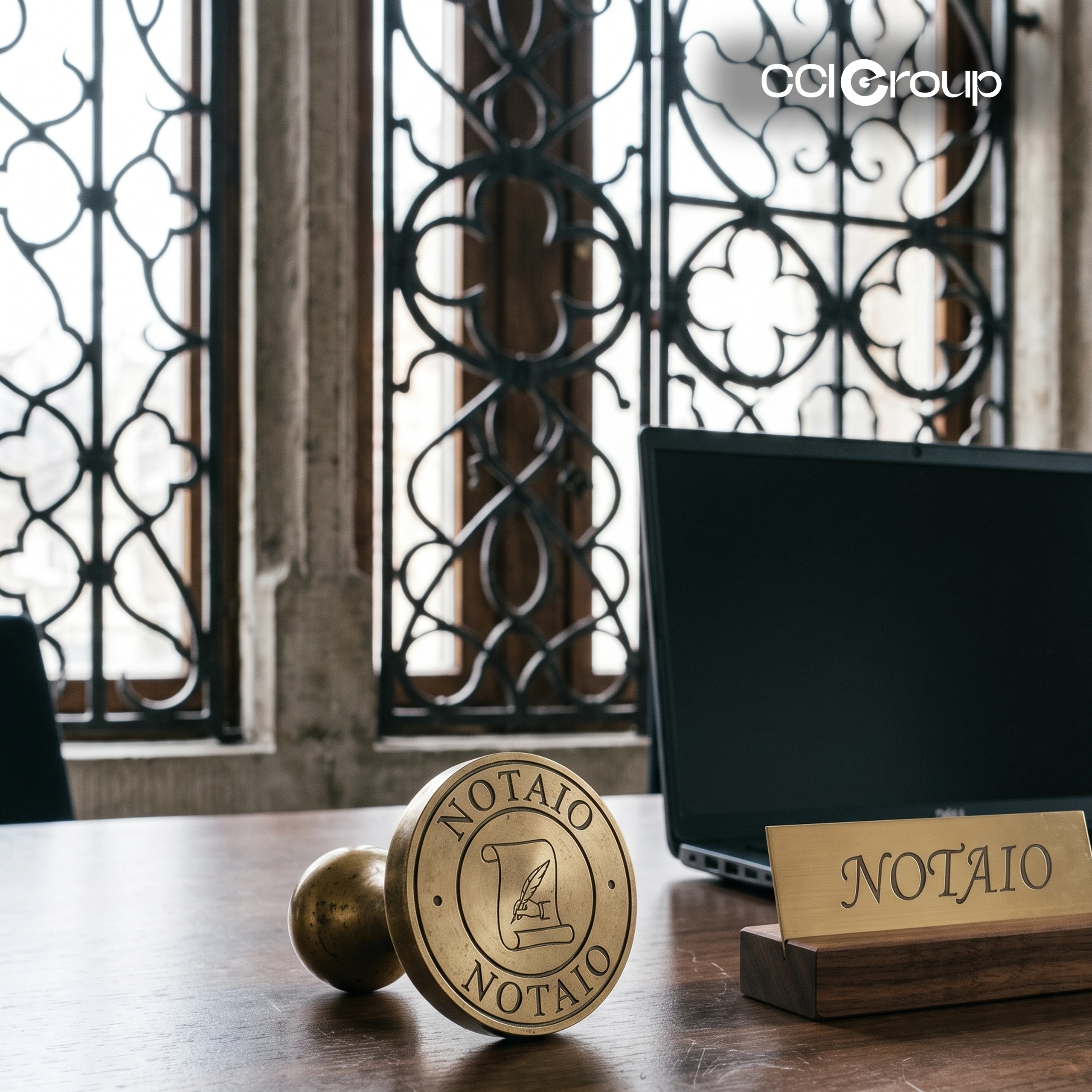 Brass notaio (Italian notary) stamp and desk nameplate beside a laptop in an ornate office, representing Italian notarization services from CCI Group.