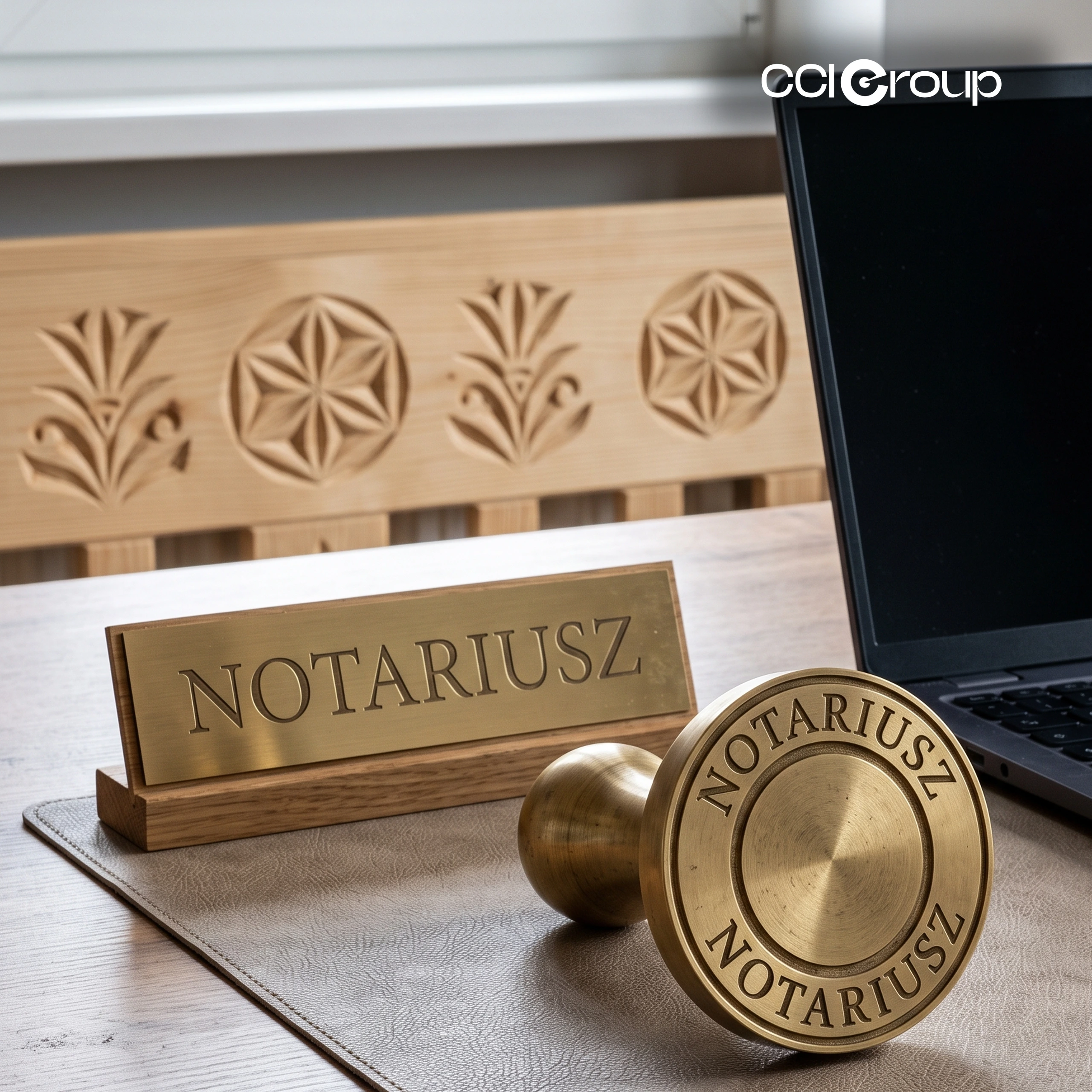 Brass notariusz (Polish notary) stamp and matching nameplate on a leather desk pad beside a laptop, with carved folk-art panel behind, from CCI Group.