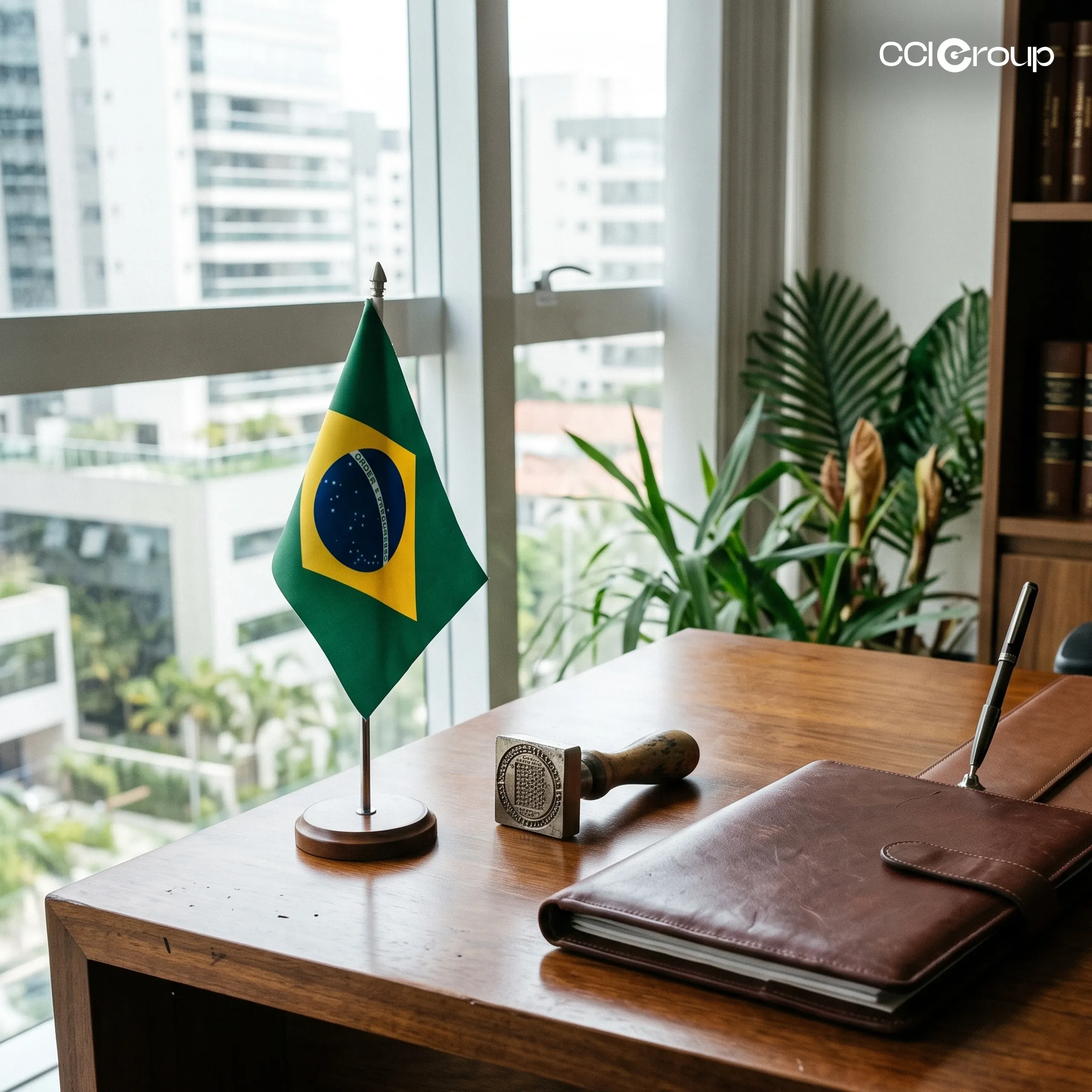 Brazilian desk flag beside a vintage embosser stamp and leather portfolio in a São Paulo office, representing Brazilian Portuguese notarization by CCI Group.