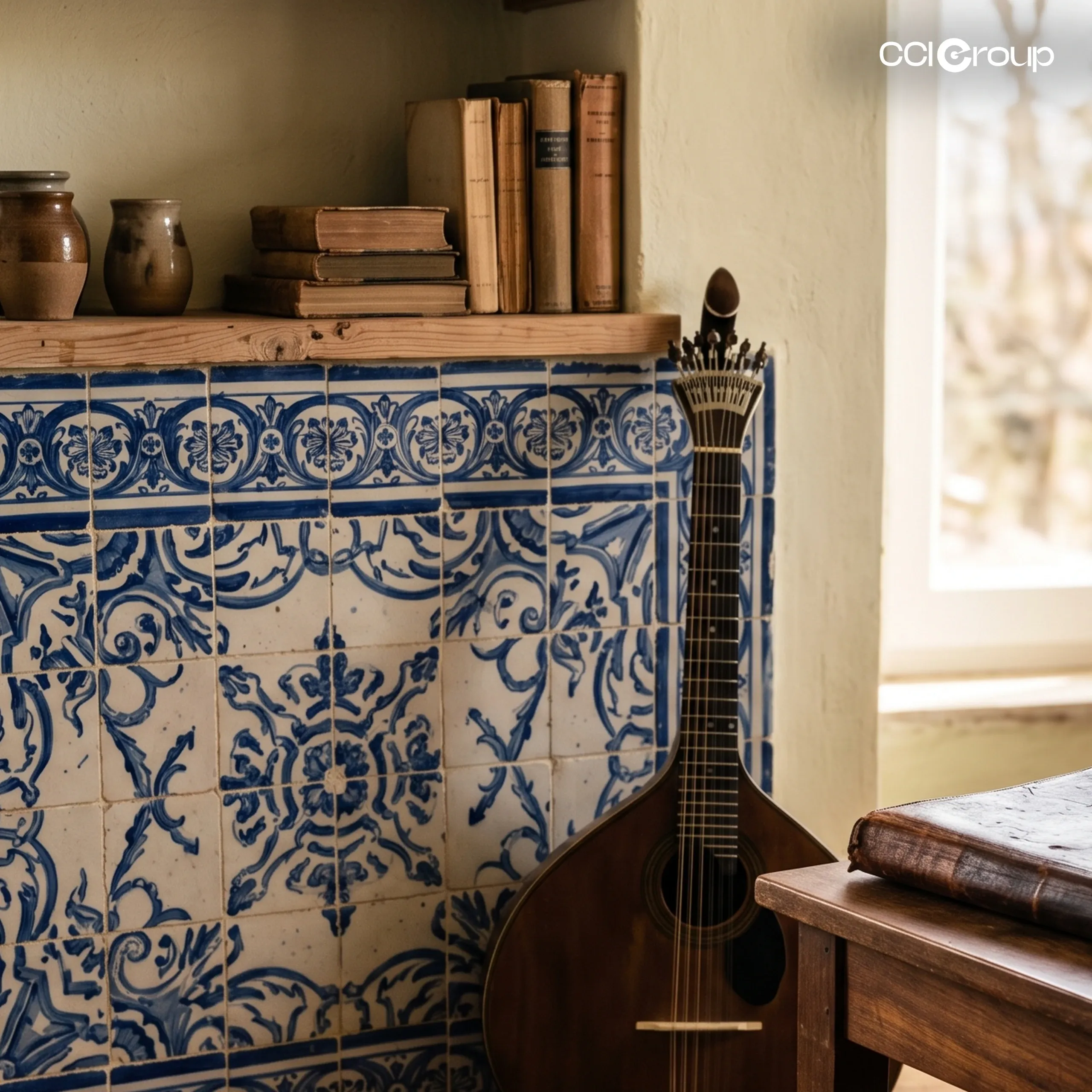Traditional Portuguese azulejo tiles, guitar, and books for Portugal document notarization services by CCI Group.
