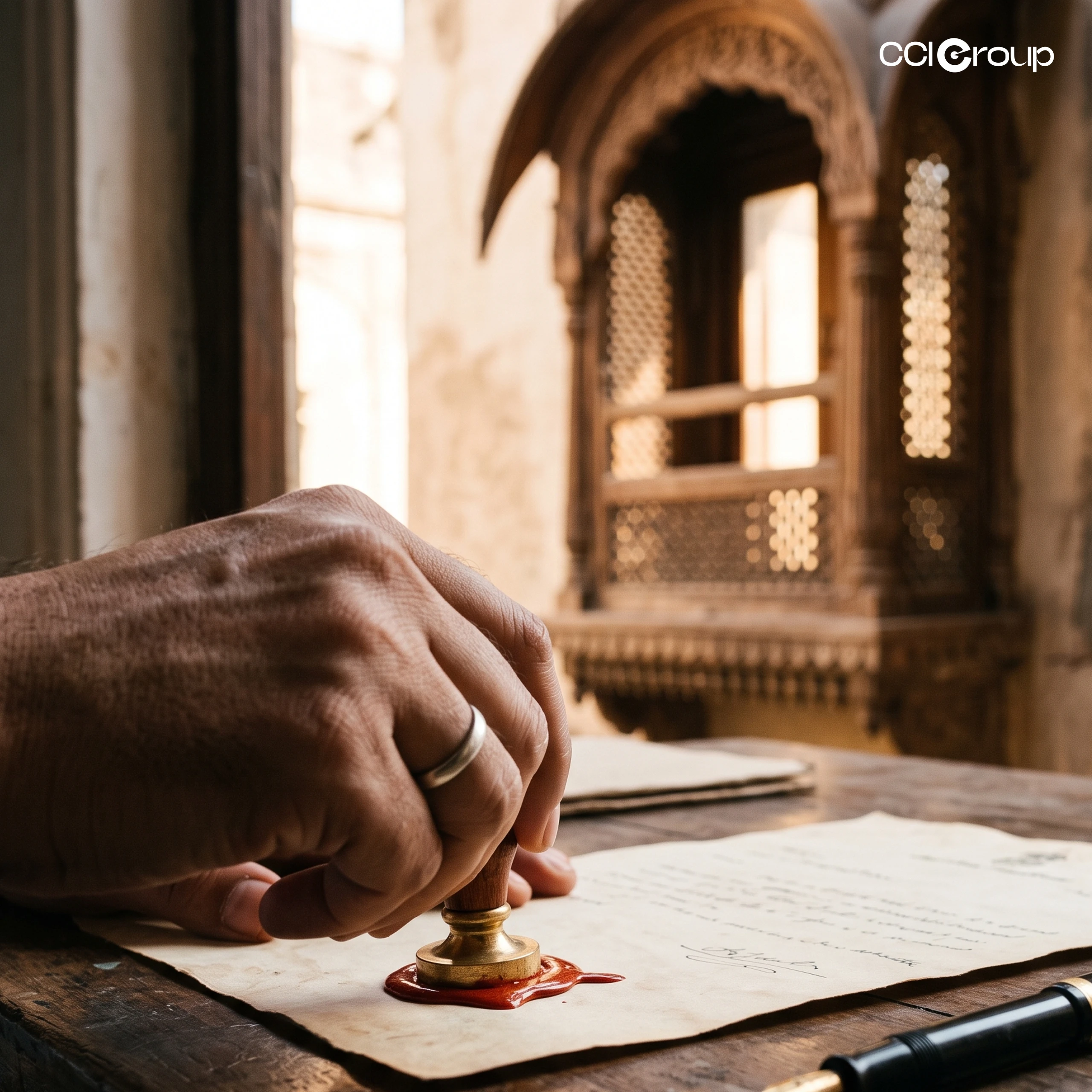 Hand pressing a wax seal stamp onto a signed handwritten document beside a fountain pen, with an ornate jharokha window behind, illustrating Punjabi notarization.