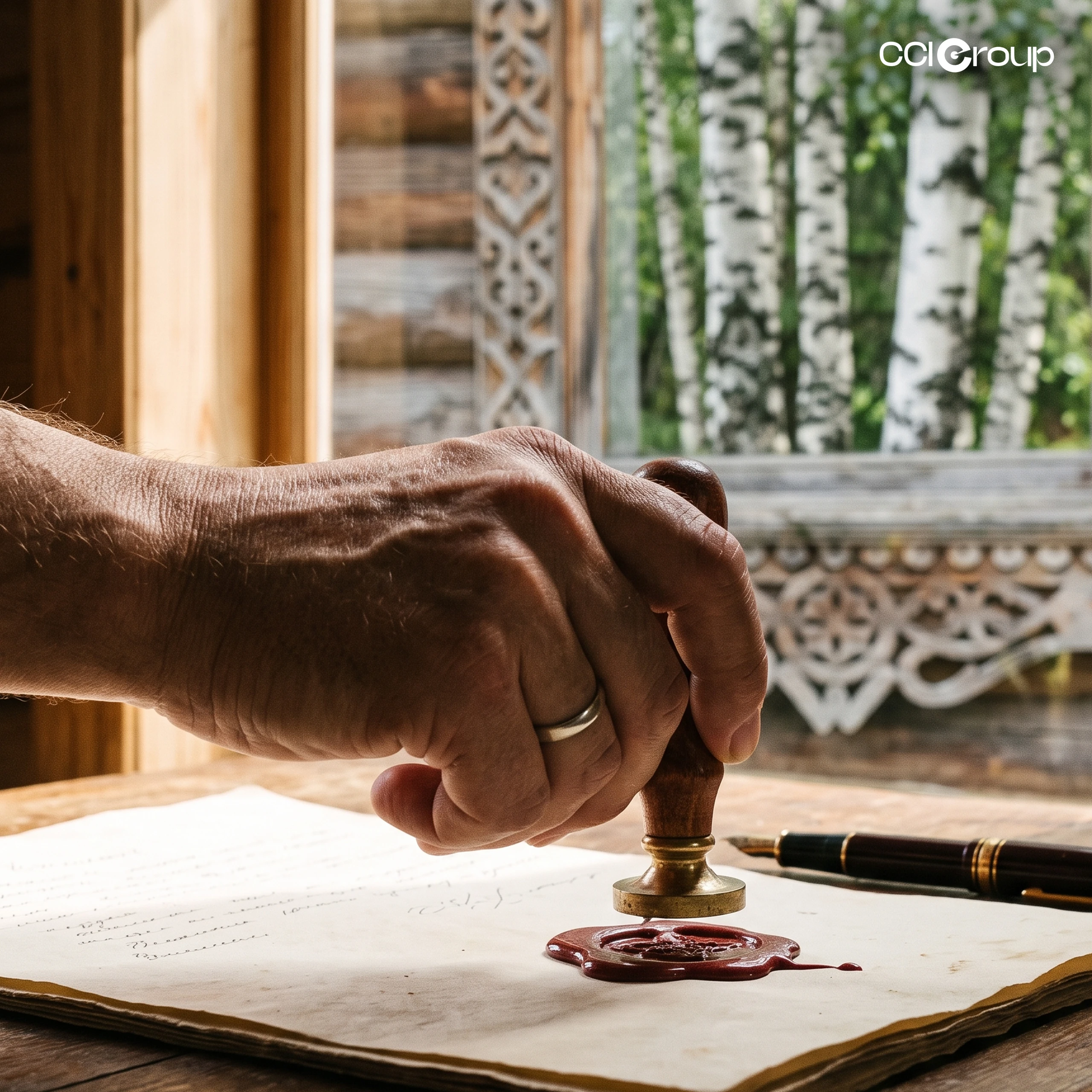 Hand pressing a wax seal stamp onto a handwritten Russian legal document beside a fountain pen, with birch trees and carved woodwork behind, by CCI Group.