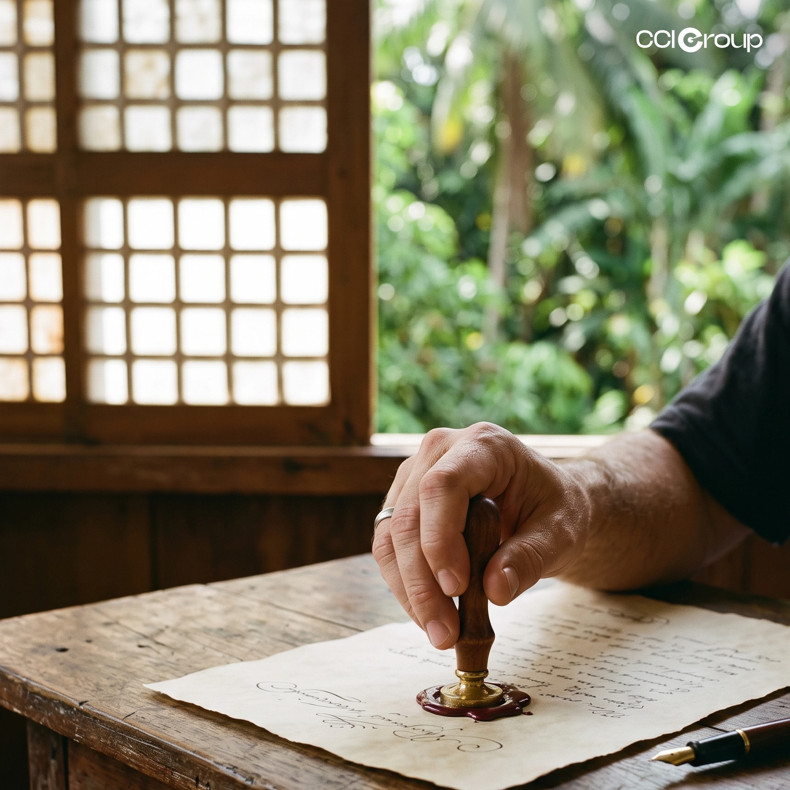 Hand pressing a wax seal stamp onto a signed document beside a fountain pen, with capiz shell windows and tropical greenery, illustrating Tagalog notarization.