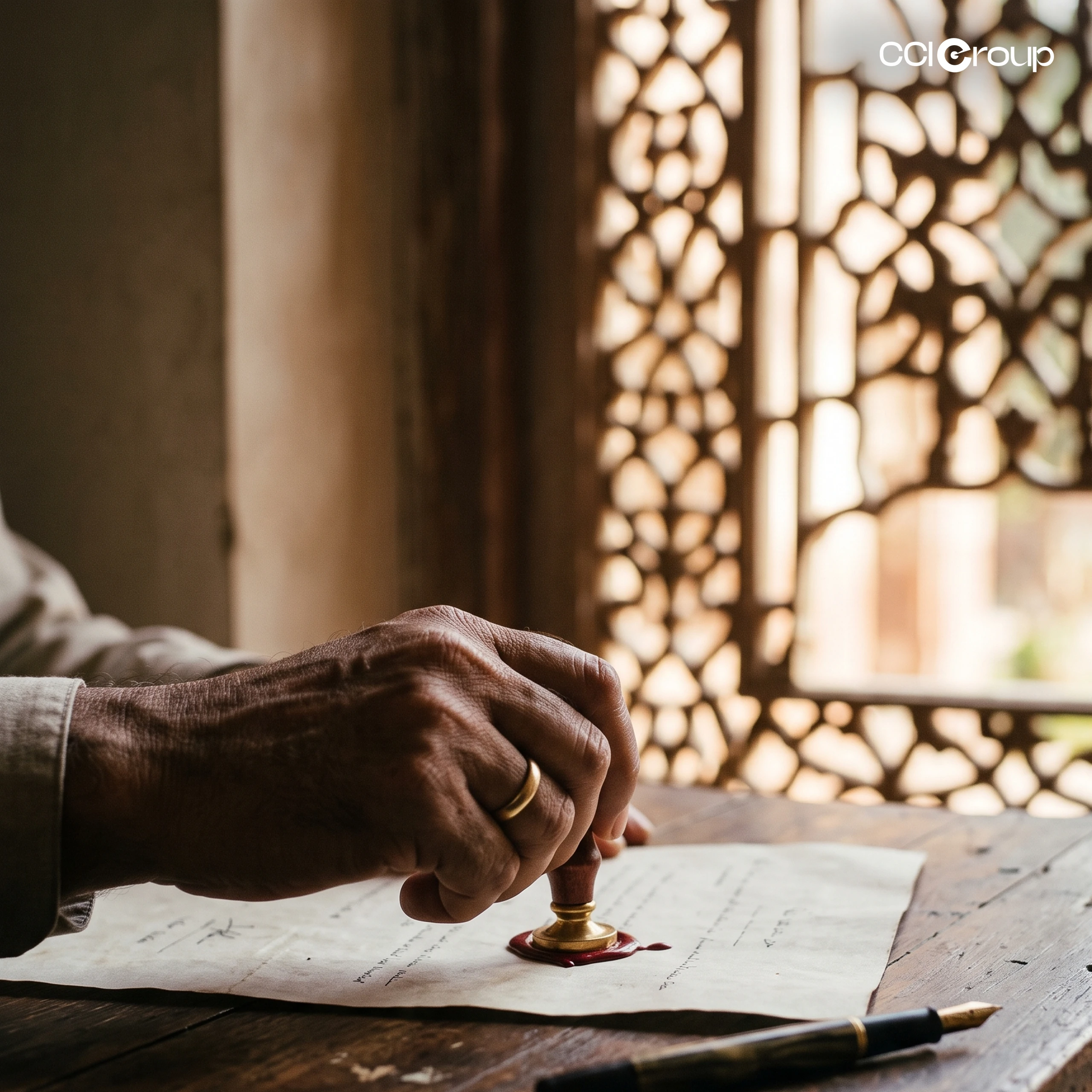 Hand pressing a wax seal stamp onto a handwritten document beside a fountain pen, with ornate latticed jali windows behind, illustrating Urdu notarization.