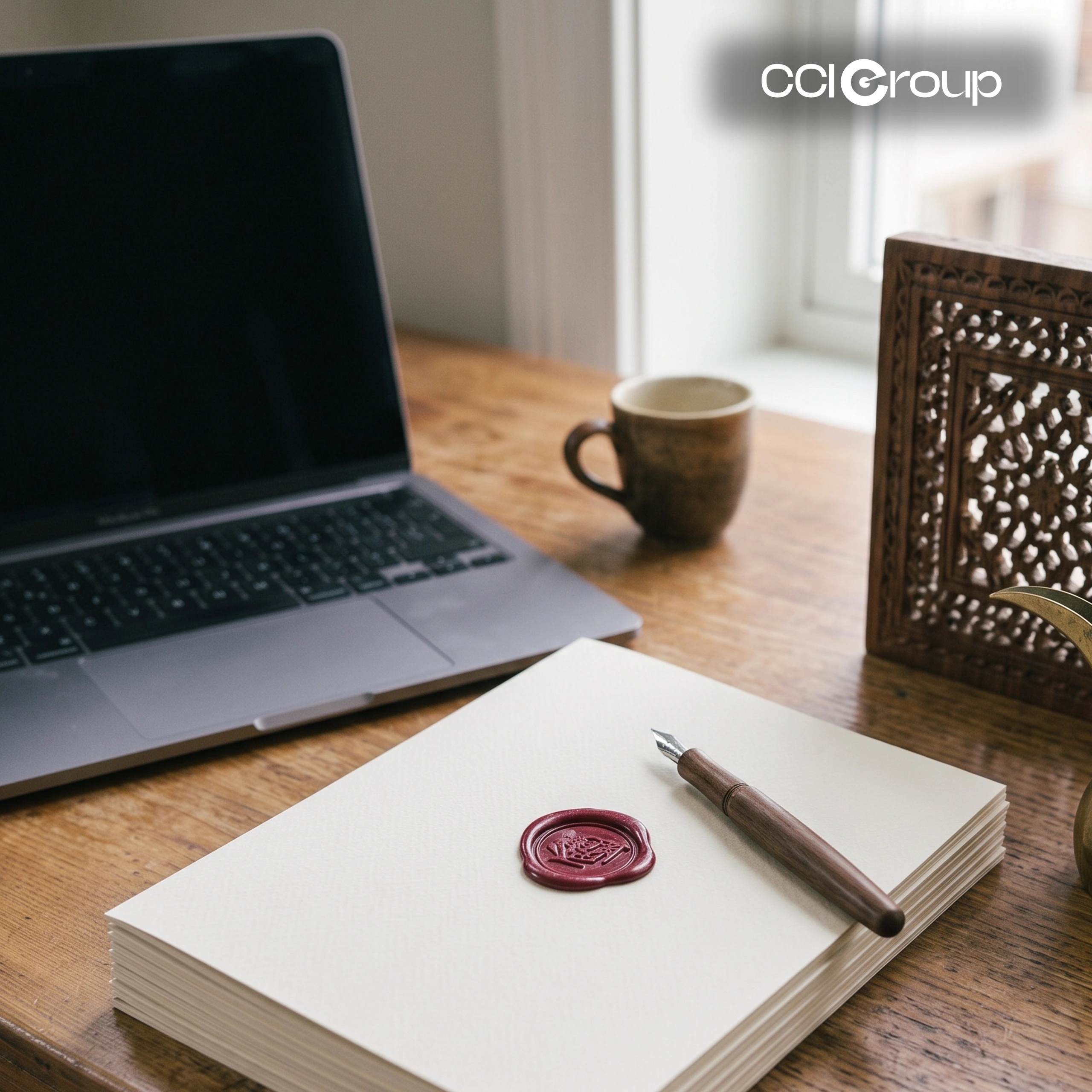 Documents with wax seal, pen, and Arabic lattice for professional Arabic translation services by CCI Group.