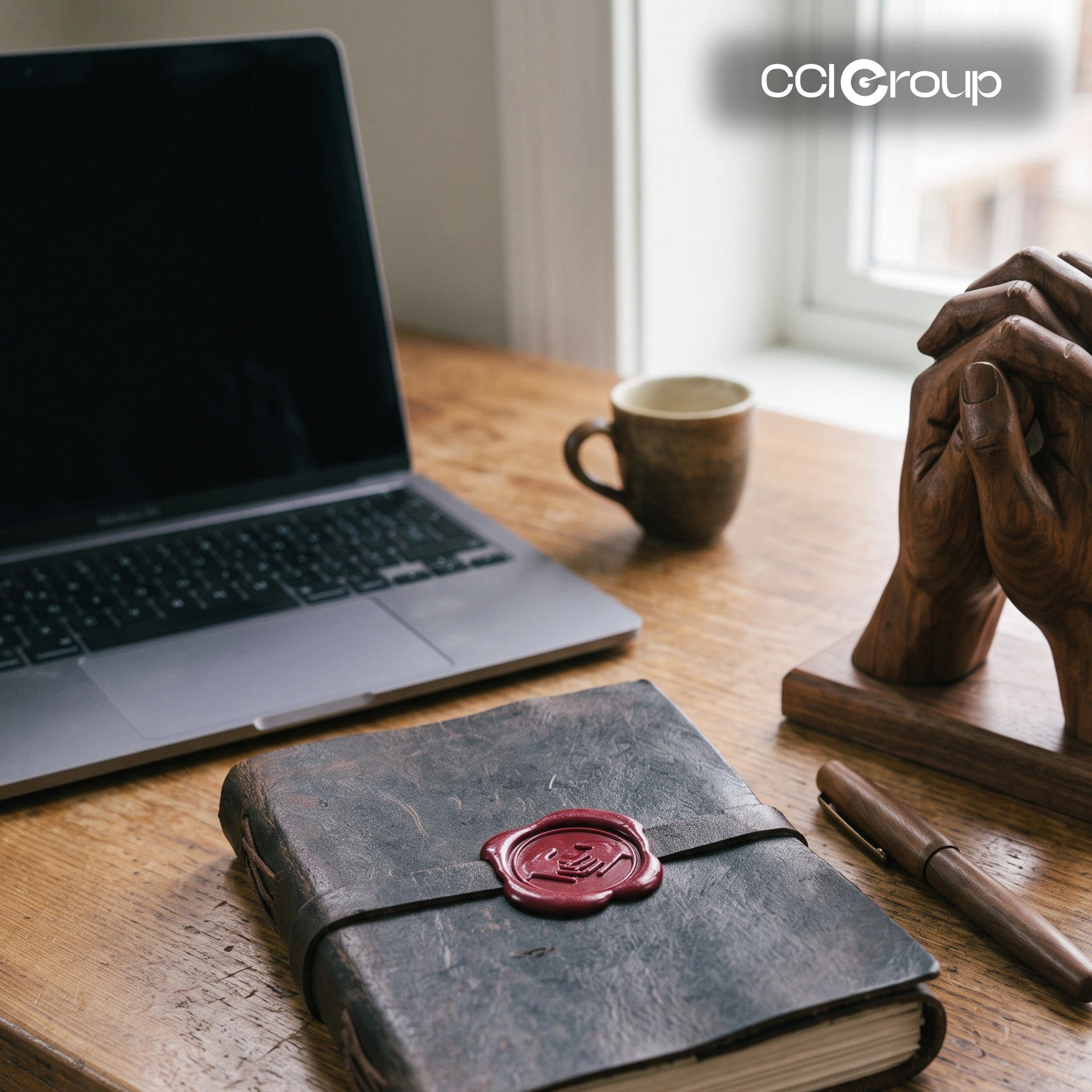 Leather journal with ASL wax seal, wooden hand sculpture, and laptop for professional ASL interpreting by CCI Group
