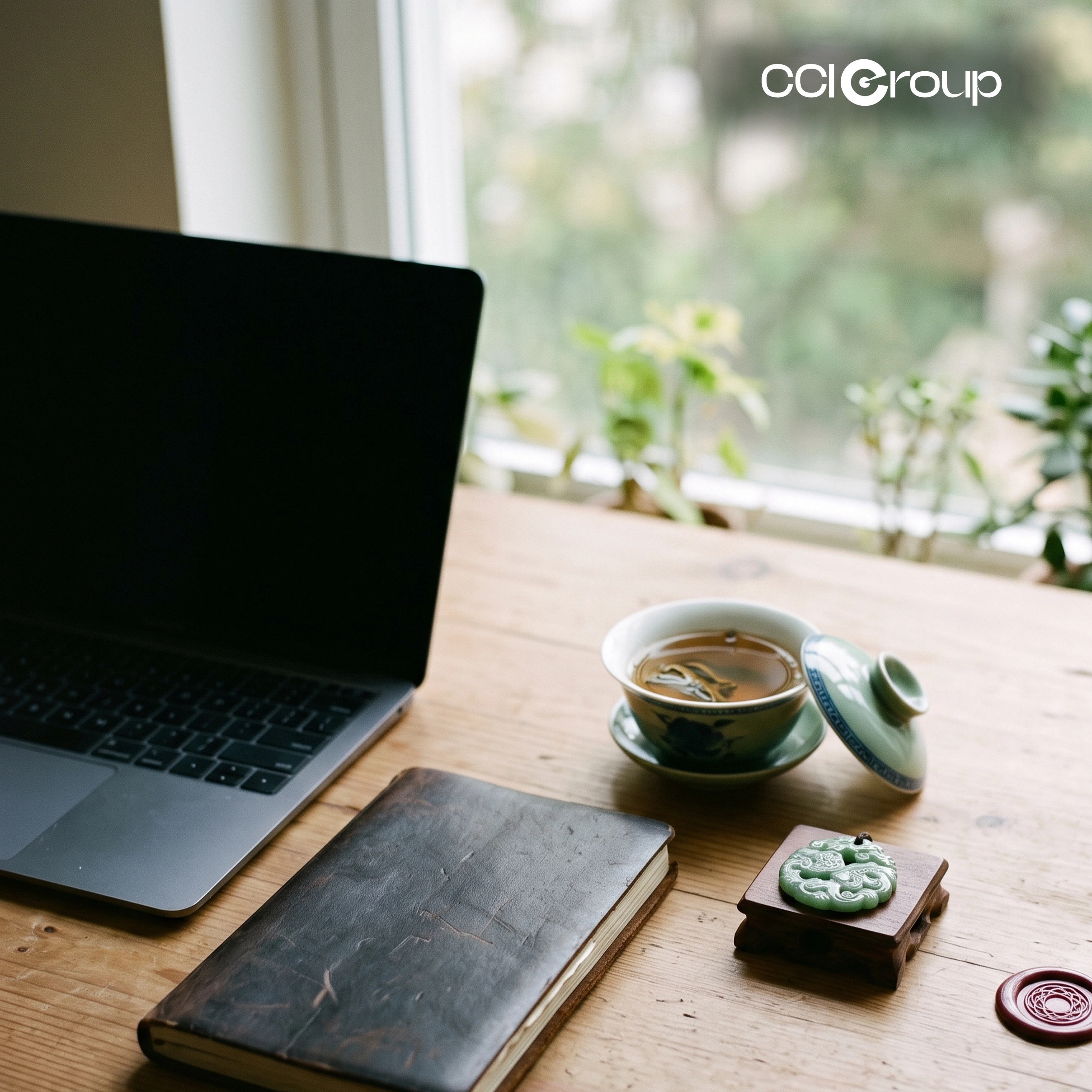Laptop, gaiwan tea cup, jade pendant, and notebook on a wooden desk.