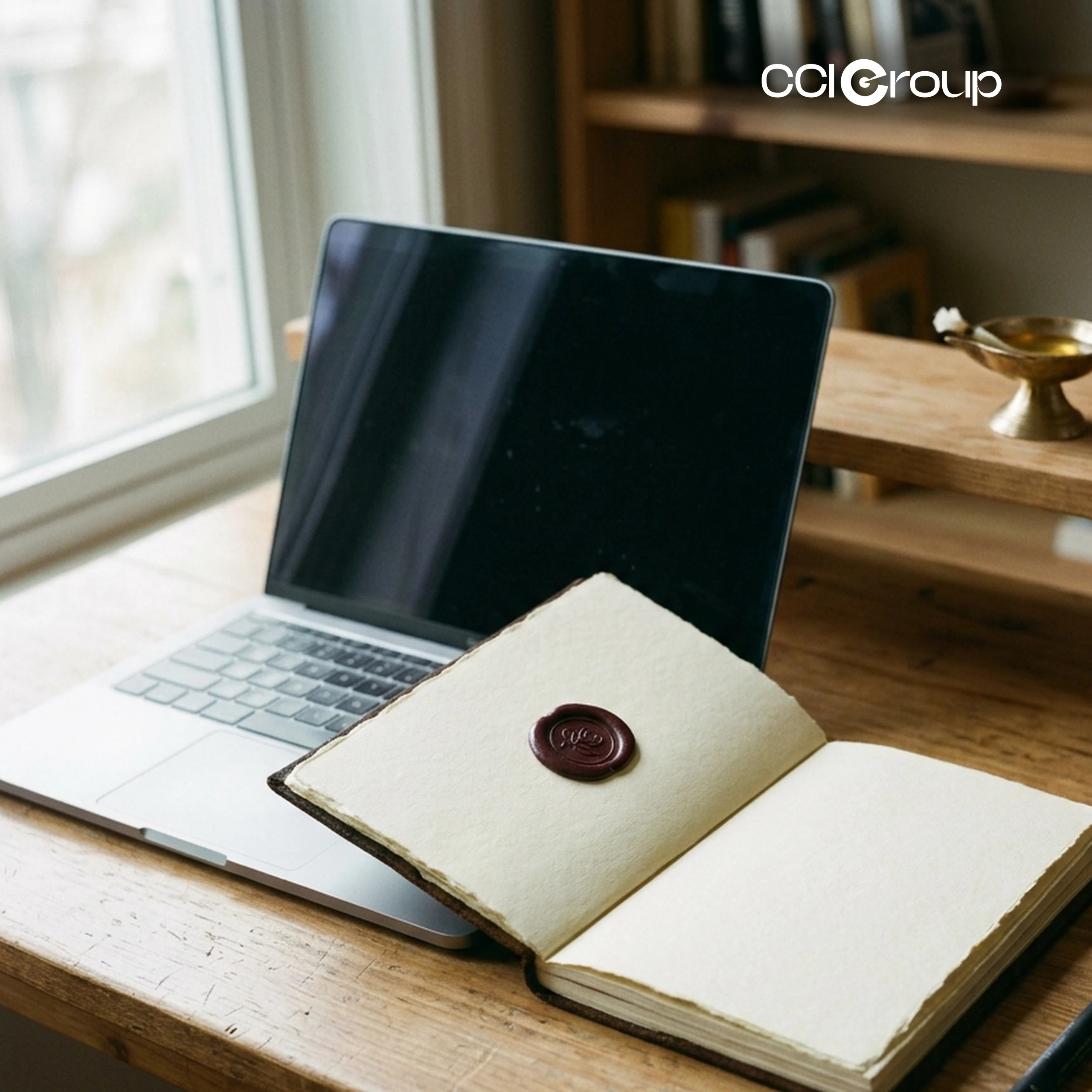 Open journal with wax seal and laptop for professional Hindi translation services by CCI Group.