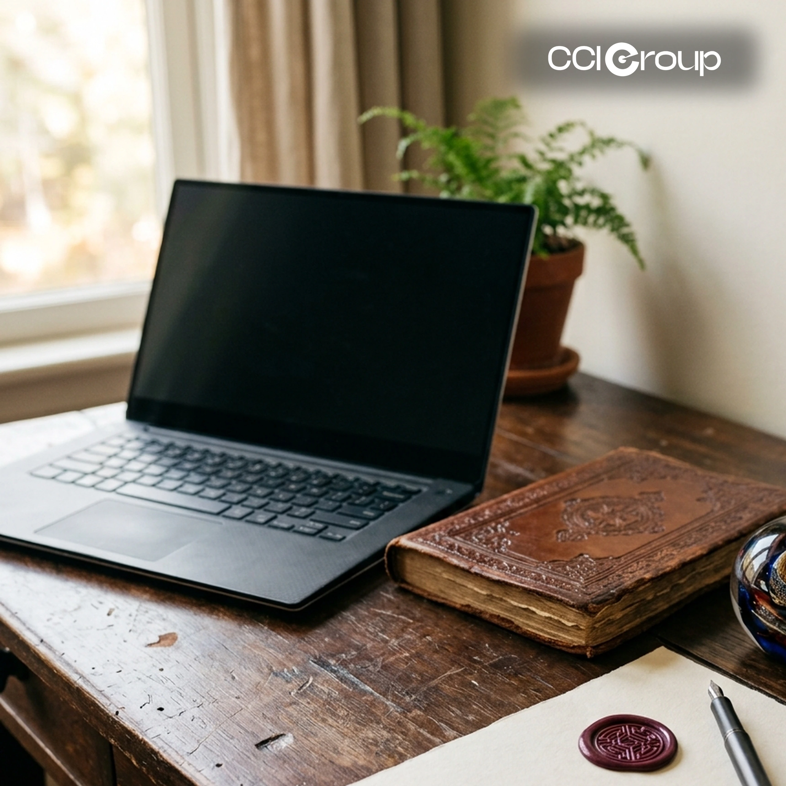 Laptop, antique leather book, wax seal and pen for professional Italian translation services by CCI Group.