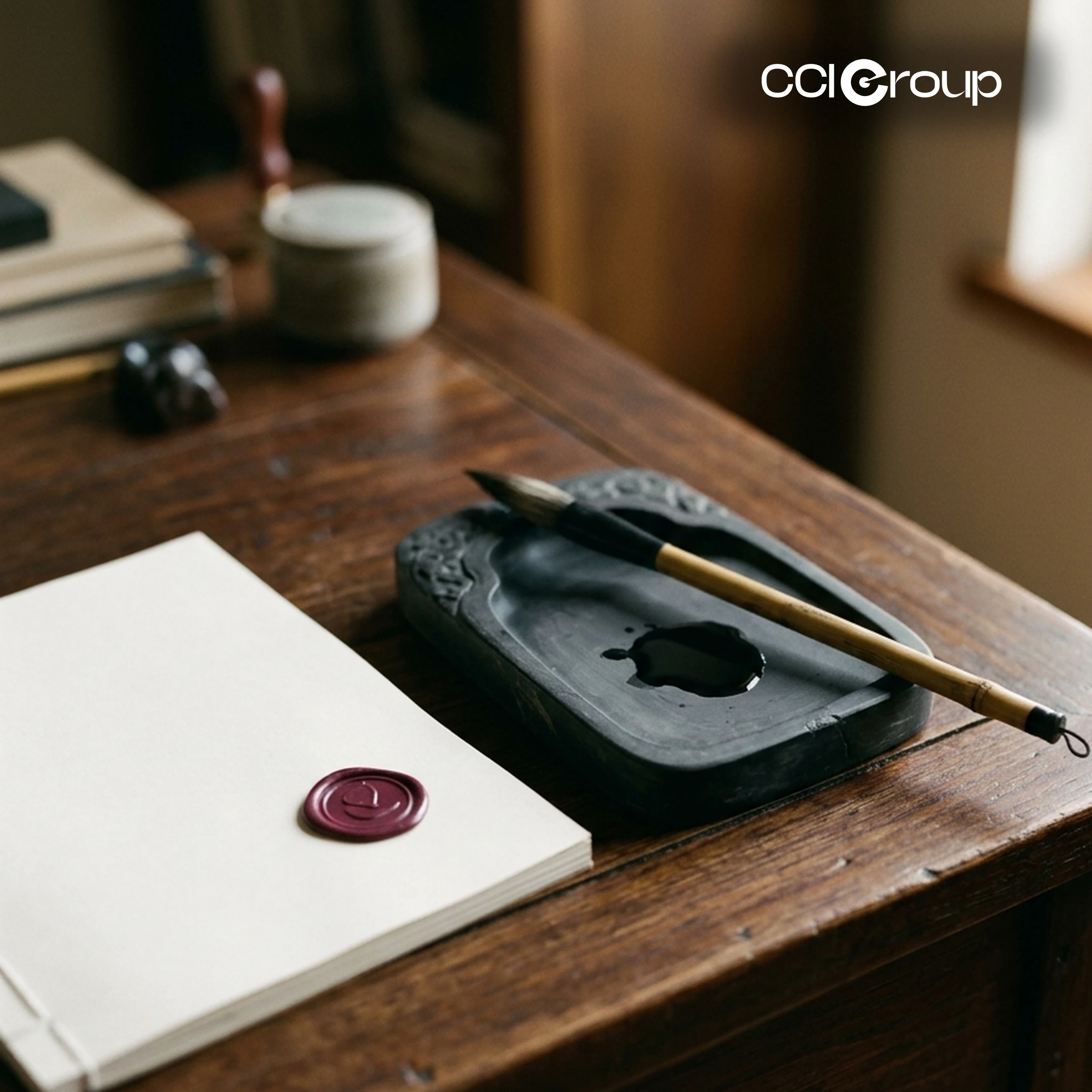 Chinese calligraphy brush, ink stone, and sealed documents for professional Mandarin translation by CCI Group.