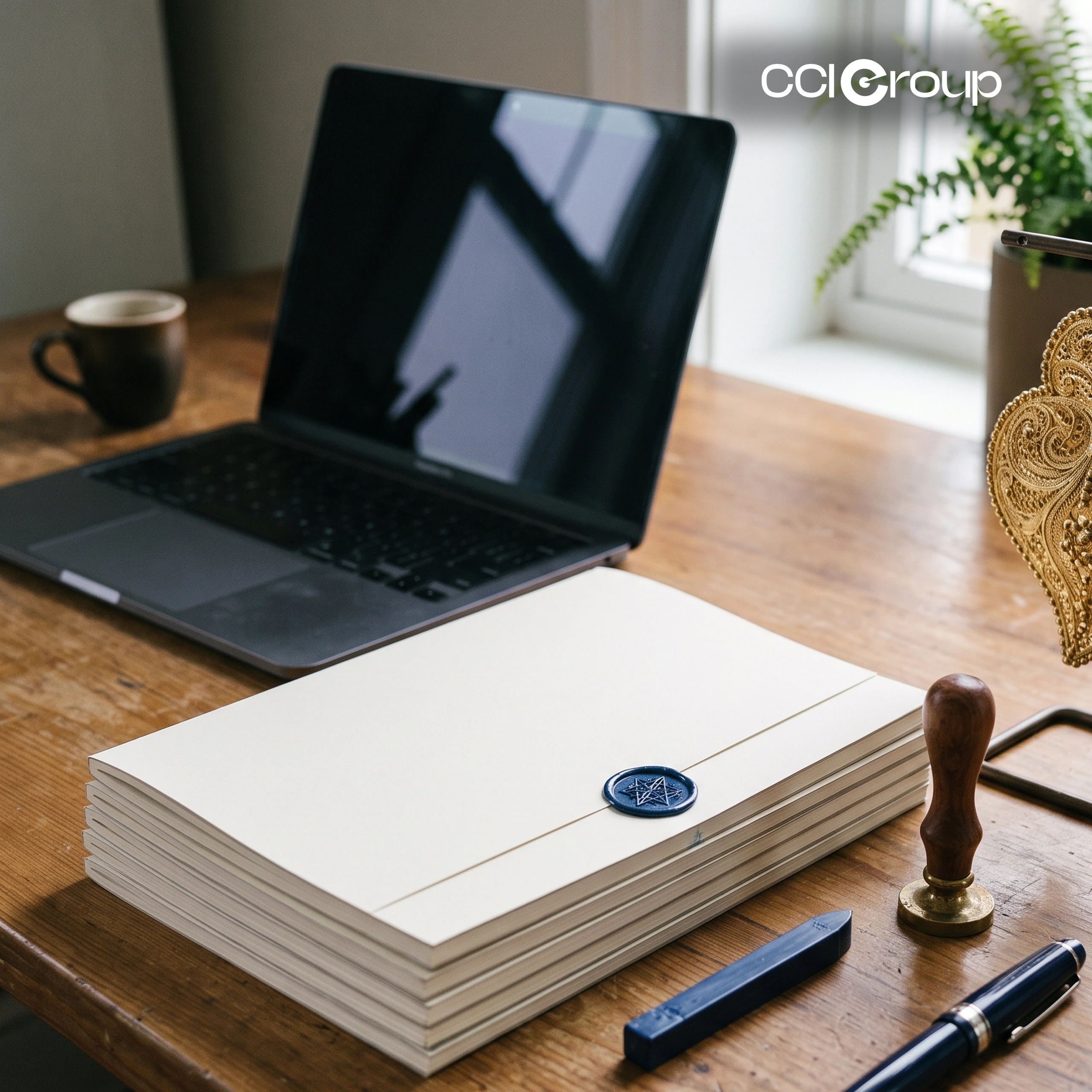 Documents with blue wax seal, stamp, and laptop for professional Portuguese translation services by CCI Group.