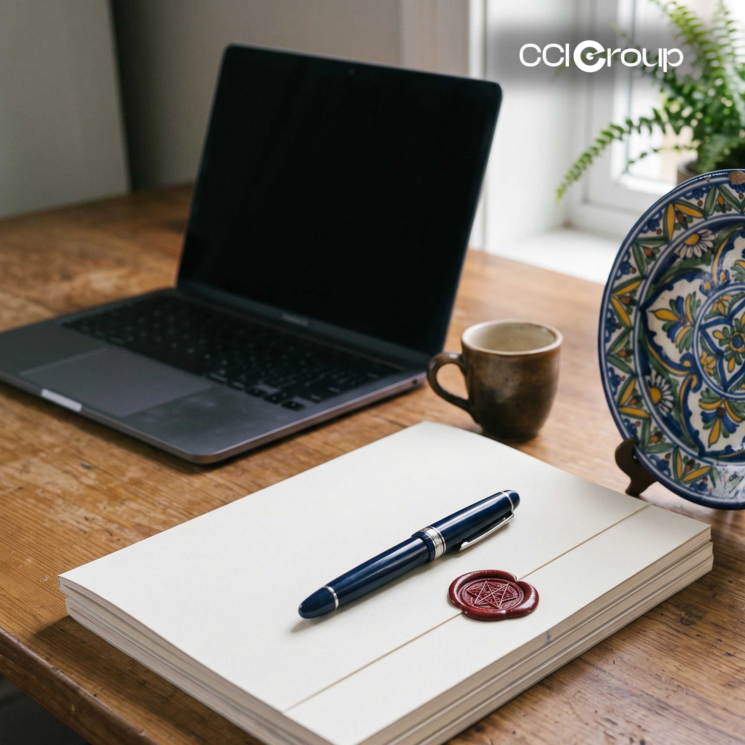 Documents with wax seal, pen, and laptop for professional Spanish translation services by CCI Group.