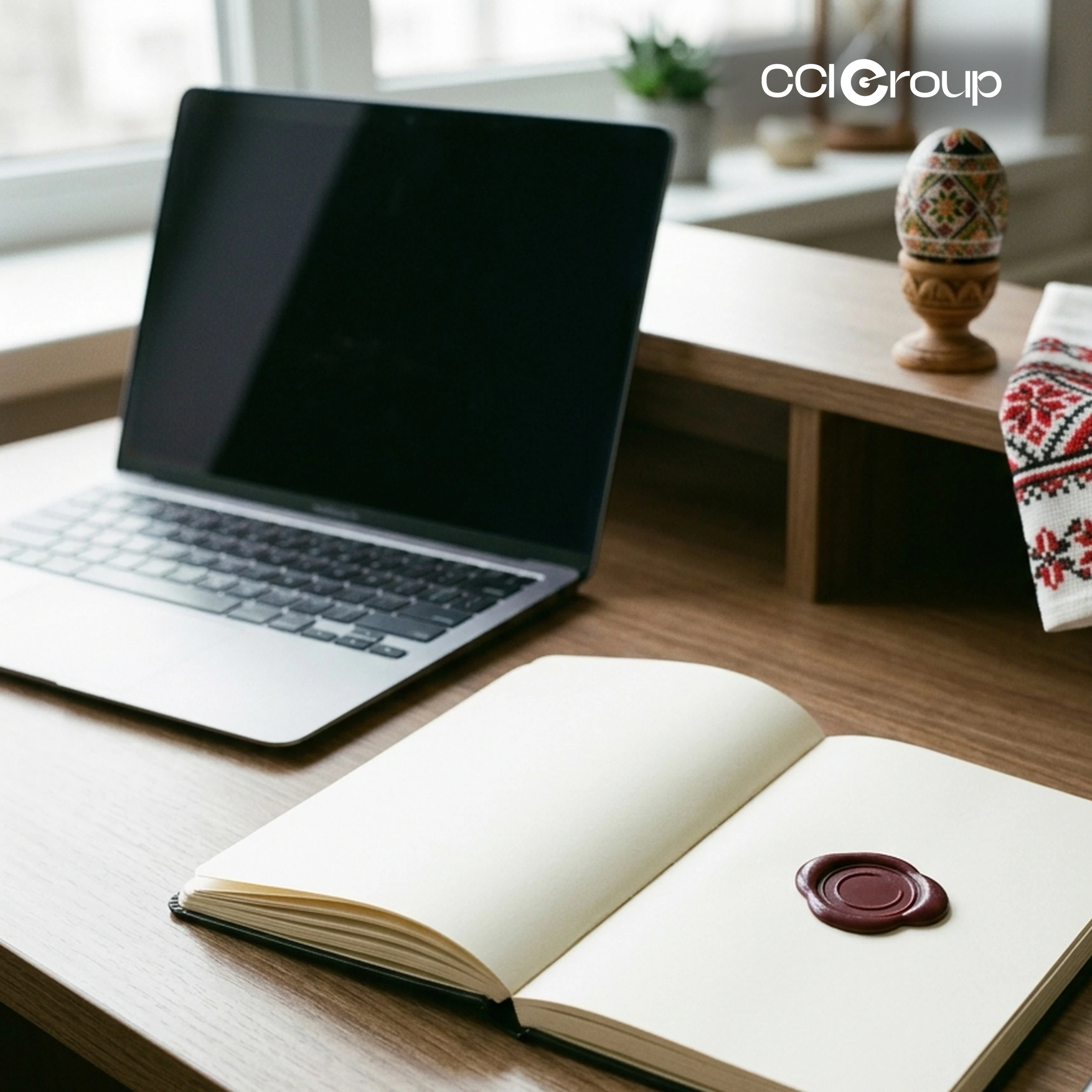 Open notebook with wax seal, laptop, and Ukrainian decorated egg for professional Ukrainian translation by CCI Group.