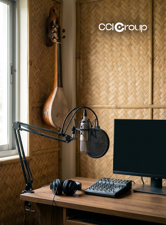 MyCCIGroup studio desk with microphone headphones mixer monitor and traditional string instrument for Bengali localization services education community platforms
