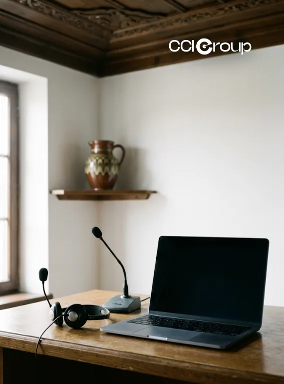 Professional Bulgarian interpretation services, interpreter desk with headset, microphone and laptop