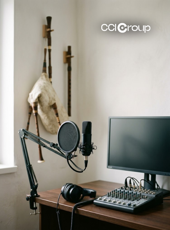 Professional recording studio with boom microphone mixer headphones and monitor beside traditional bagpipes for Bulgarian localization services by CCI Group
