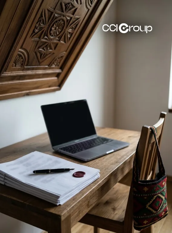 CCIGroup wooden desk with laptop papers black pen red wax seal and traditional patterned bag for Bulgarian translation services immigration business documents