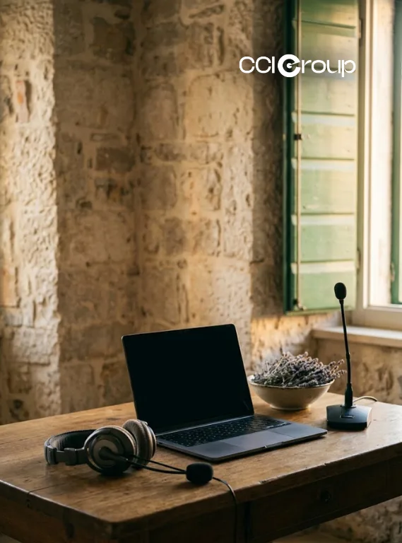 Interpretation headset microphone and laptop on wooden desk with lavender bowl