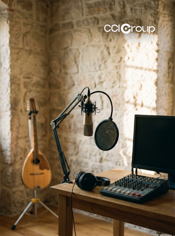 Professional recording studio with boom microphone mixer headphones and monitor beside traditional tamburica for Croatian localization services by CCI Group