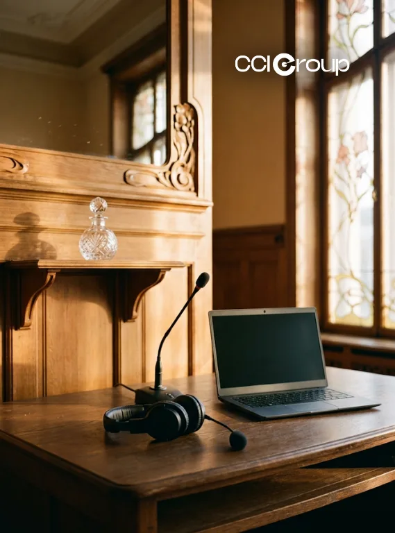 Interpretation headset microphone and laptop on wooden desk in classic room
