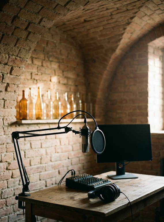 Professional recording studio with boom microphone mixer headphones and monitor in brick vaulted room for Czech localization services by CCI Group