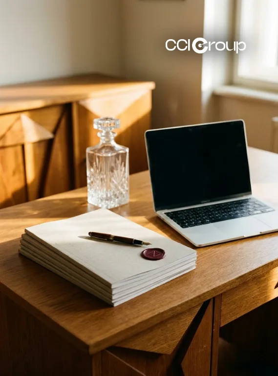 Laptop, fountain pen, wax-sealed documents, and crystal decanter on a wooden desk.