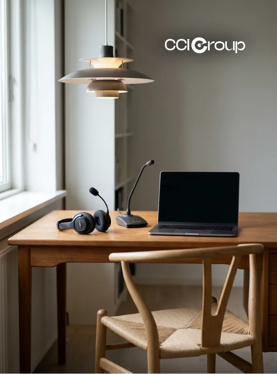 Interpretation headset microphone and laptop on wooden desk with Danish design chair