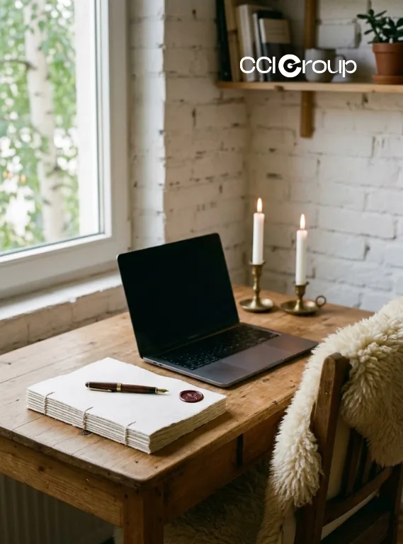 MyCCIGroup wooden desk with laptop notebook fountain pen red wax seal lit candles and sheepskin chair for Danish translation services corporate shipping documents
