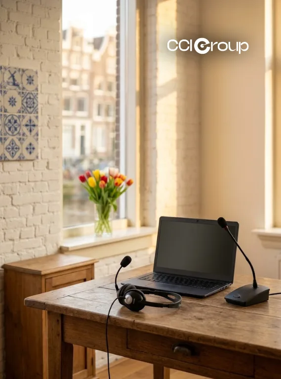 Interpretation headset microphone and laptop on wooden desk with tulips by window
