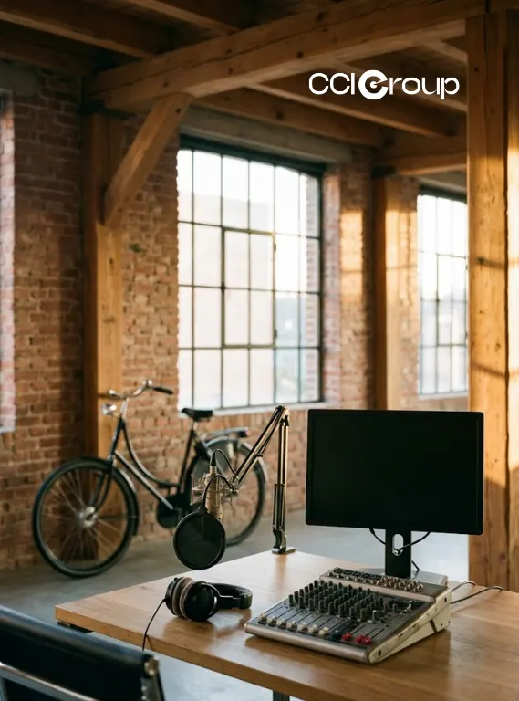 Modern loft recording studio with brick walls wooden beams bicycle microphone pop filter boom arm computer monitor mixing console and headphones for Dutch localization services
