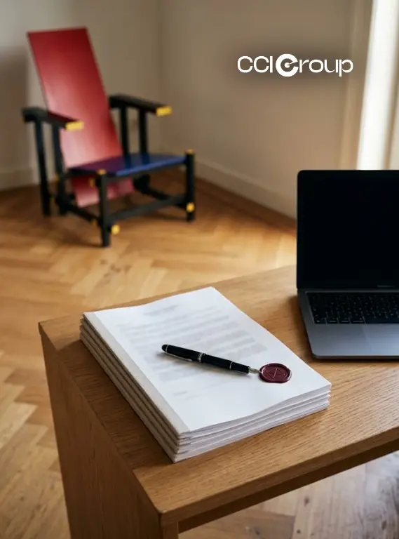 Professional wooden desk with sealed corporate trade documents pen and laptop CCI Group Dutch translation services