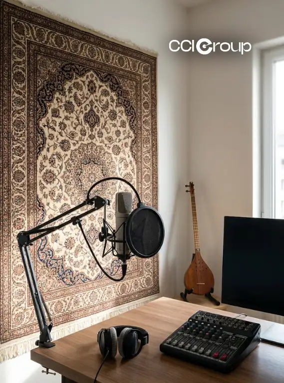 MyCCIGroup studio desk with microphone headphones mixer monitor Persian rug and traditional string instrument for Farsi Iranian localization services diaspora community platforms