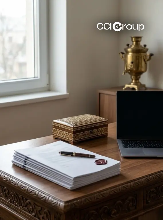 Wooden desk with sealed official papers fountain pen ornate Persian inlaid box laptop and brass samovar by window for professional Farsi Iranian translation services CCI Group