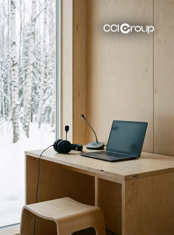 Interpretation headset microphone and laptop on wooden desk with snowy forest view