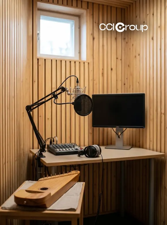 Studio microphone, mixer, headphones, and monitor with a kantele in a wood-panel booth.