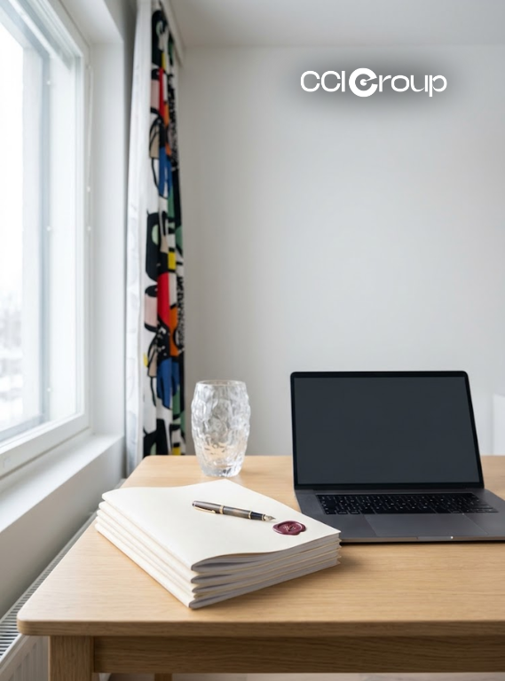 Laptop, fountain pen, wax-sealed documents, and glass on a desk by a window.