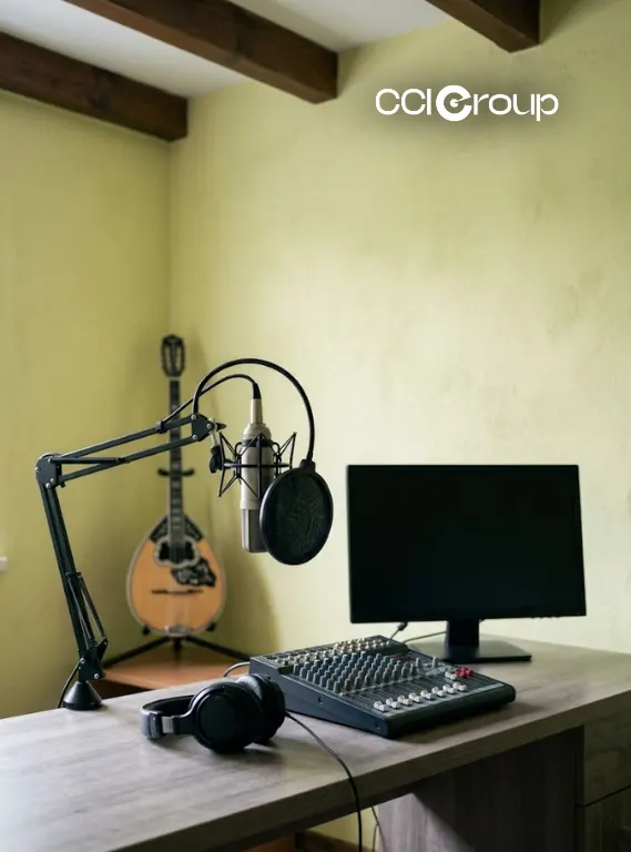 Recording studio with wooden desk condenser microphone pop filter boom arm audio mixer computer monitor headphones and bouzouki instrument with CCI Group logo for Greek localization services