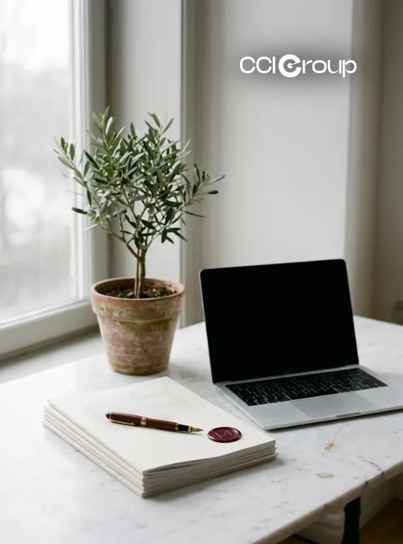 CCIGroup desk setup with olive tree plant open laptop notebook fountain pen and red wax seal for Greek translation services legal maritime community documents