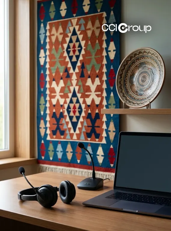 Interpretation headset microphone and laptop on desk with woven textile and ceramic plate