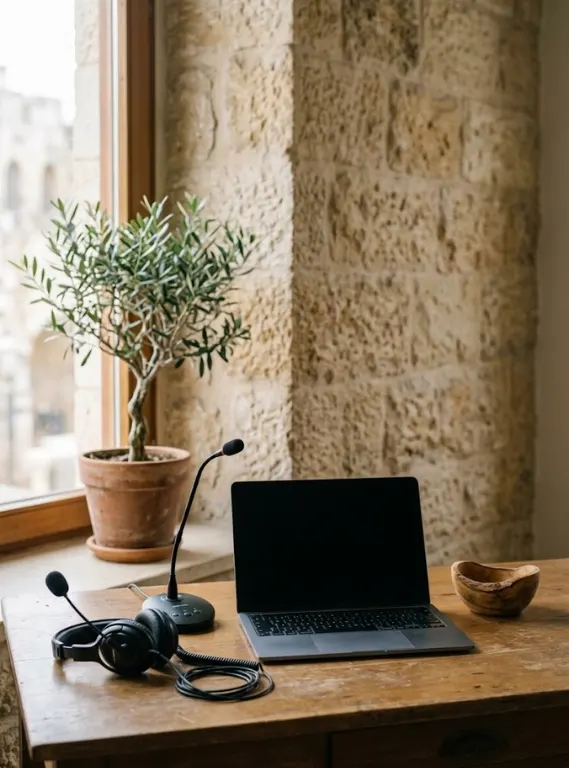 Interpretation headset microphone and laptop on wooden desk with olive plant