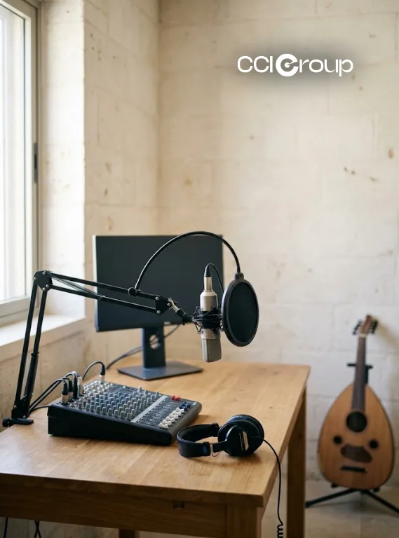 Recording studio with wooden desk audio mixer computer monitor condenser microphone pop filter boom arm headphones and oud instrument against white brick wall with CCI Group logo for Hebrew localization services