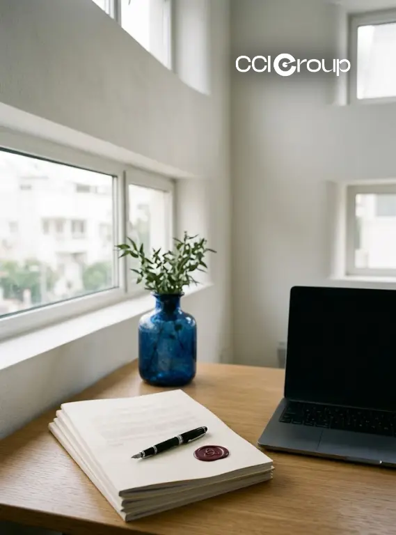 Modern desk with sealed Hebrew translation documents pen laptop and blue vase CCI Group notarization services