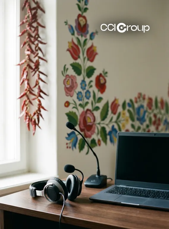 Interpretation headset microphone and laptop on desk with Hungarian folk art wall