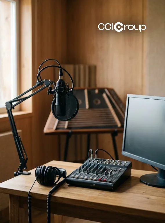 Professional recording studio with boom microphone mixer headphones and monitor beside cimbalom for Hungarian localization services by CCI Group