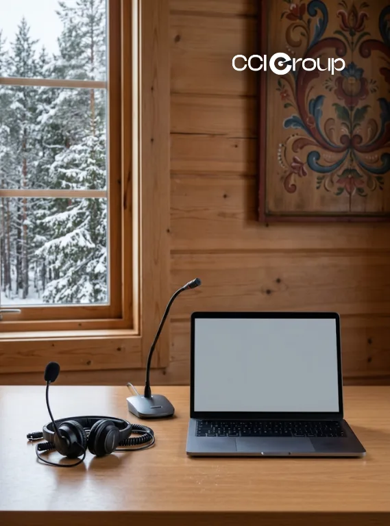 Interpretation headset microphone and laptop on desk in wooden cabin with snowy view