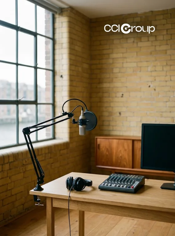 Professional recording studio with boom microphone mixer headphones and monitor in brick loft for Danish localization services by CCI Group
