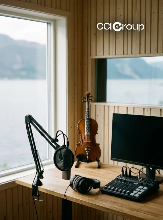 Studio microphone, mixer, headphones, and monitor with a violin by a fjord window.
